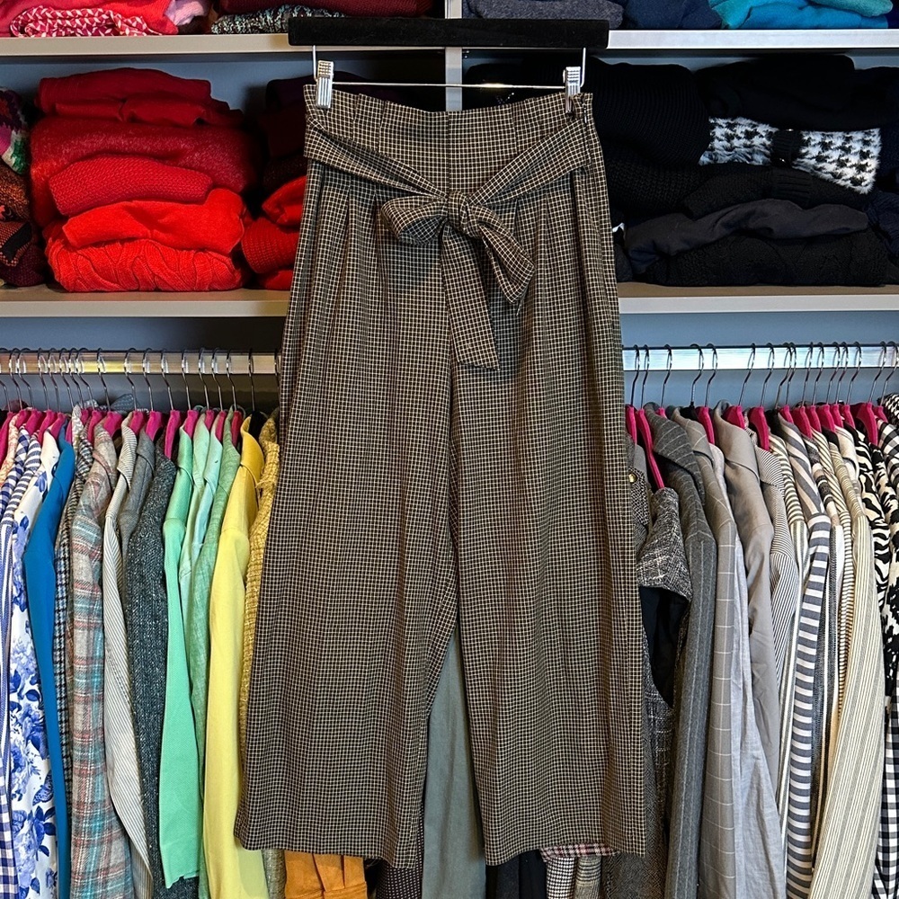 Zara brown/tan side zipper front tie paper bag high rise wide leg pants size S